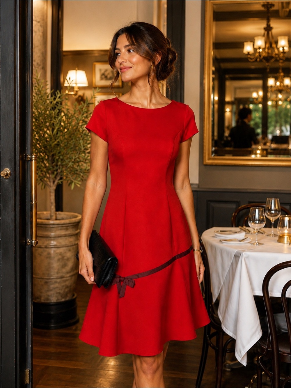 Abbey Glass Asymmetrical Red Midi Dress with Bow Accent - Women's NWT XS
